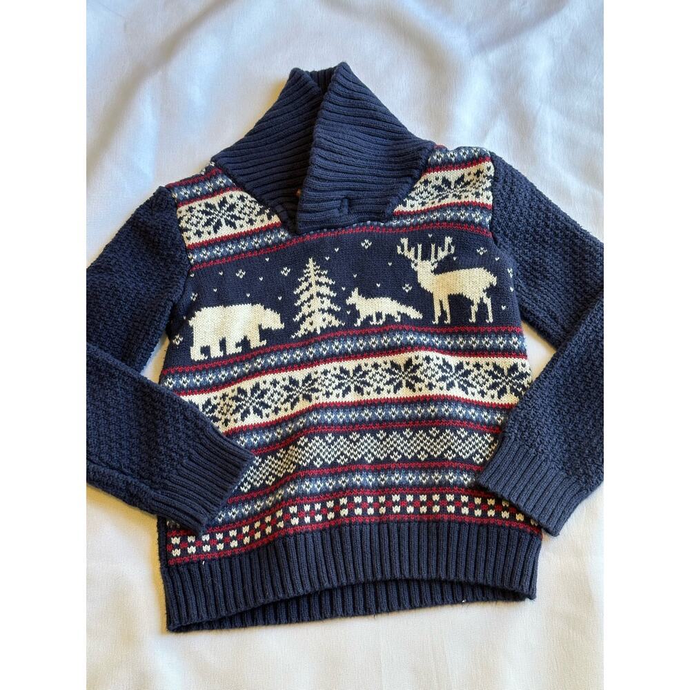 E of M 100% cotton knit sweater Shaw collar fair isle winter deer bear sz 2T